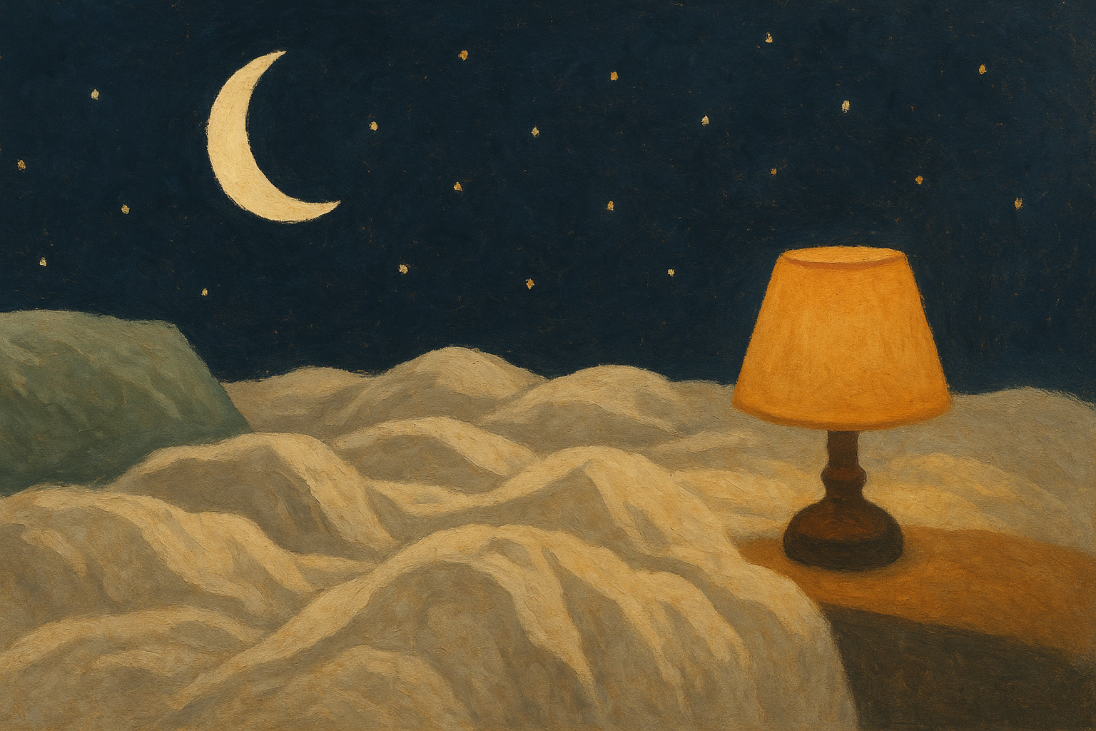 Illustration éditoriale d'une chambre avec lit défait, livre ouvert, lampe qui veille tard.