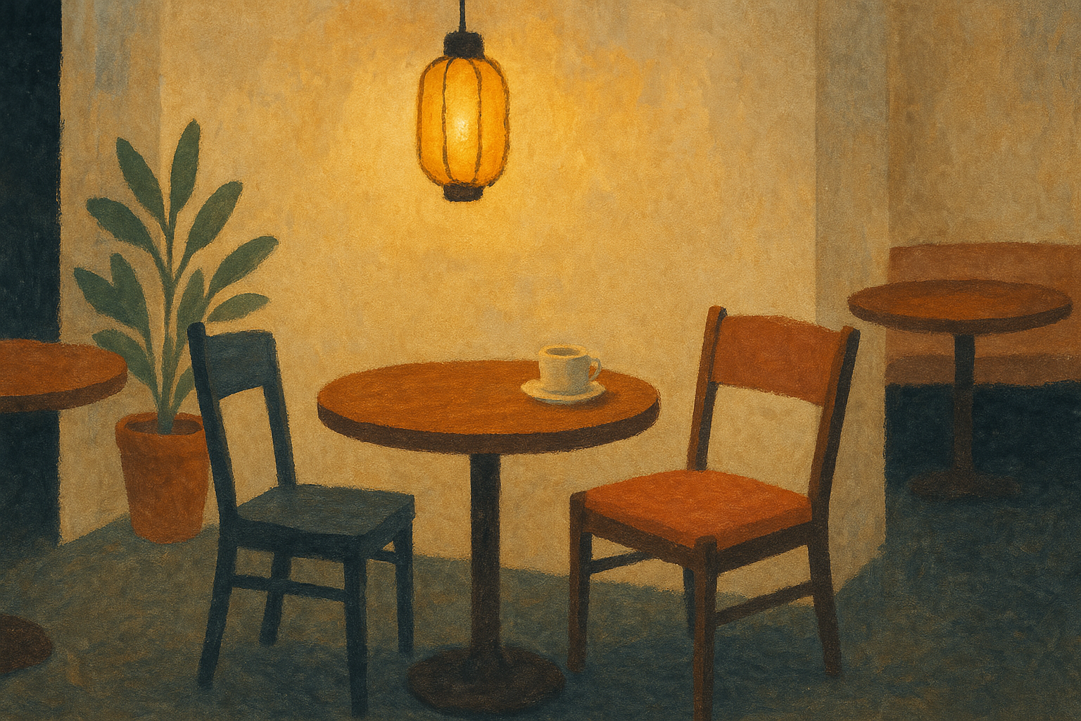 Illustration éditoriale d'un café avec plusieurs tasses, une personne à l'écart observant, chaleur de groupe et retrait.