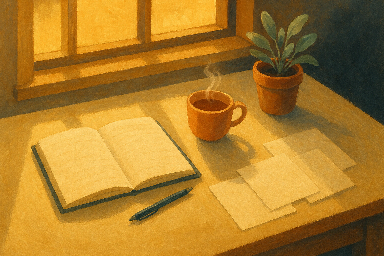 Illustration éditoriale : bureau en lumière chaleureuse du matin, journal ouvert, thé, plante sage. Métaphore d'une vie quotidienne TDAH qui tient.