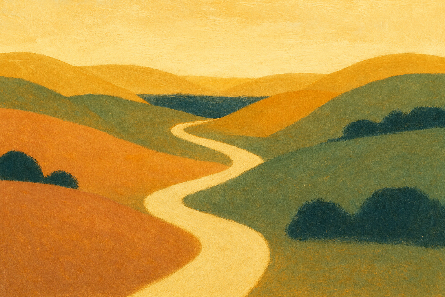 Illustration éditoriale : un chemin doux serpente à travers des collines ondulées dans une lumière dorée de fin de journée. Métaphore visuelle du parcours non linéaire avec le TDAH et l'AuDHD — habitable, chaleureux, pas pathologisant.