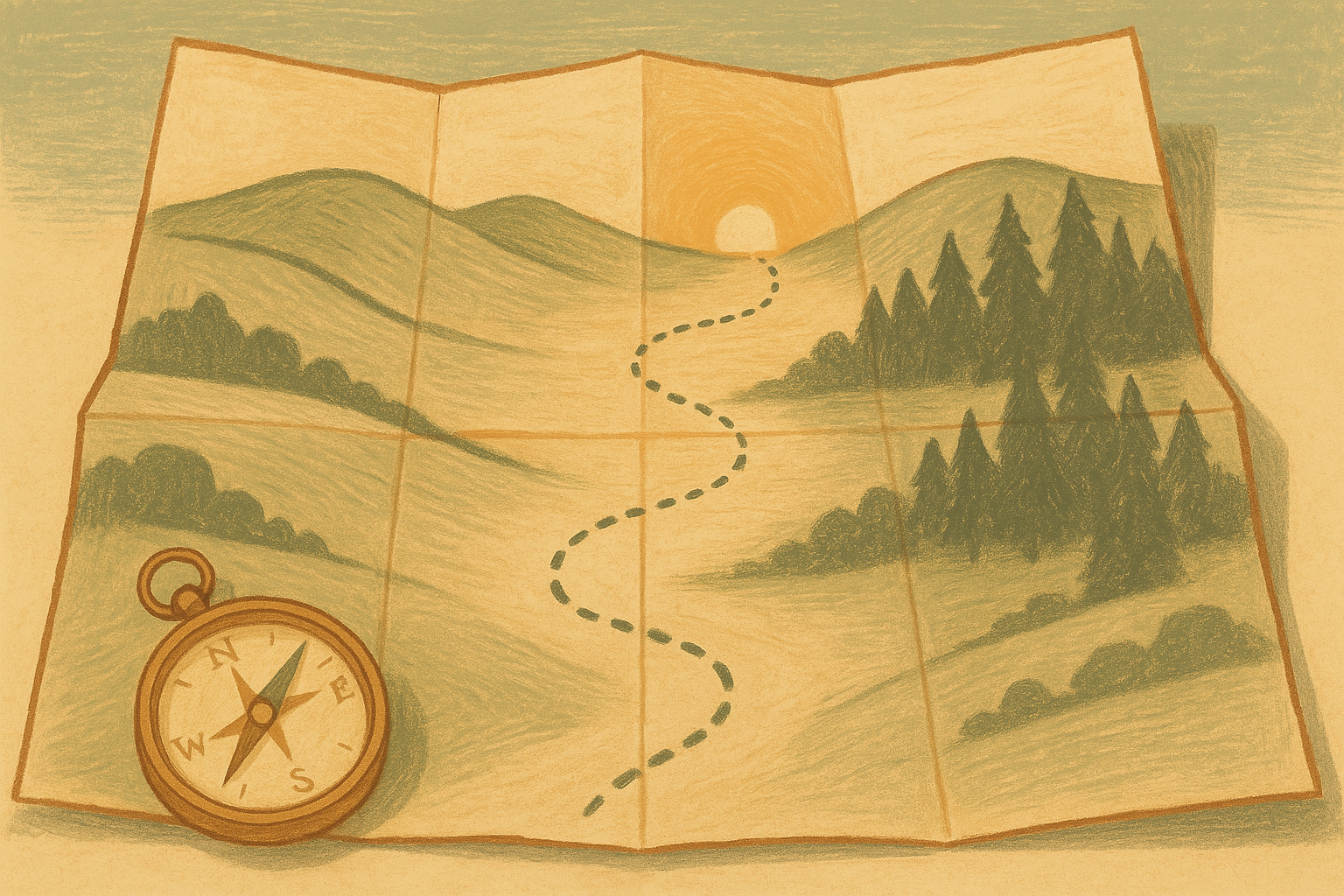 Illustration éditoriale : carte dépliée avec chemin serpentant vers une lumière dorée. Parcours médical TDAH non linéaire.