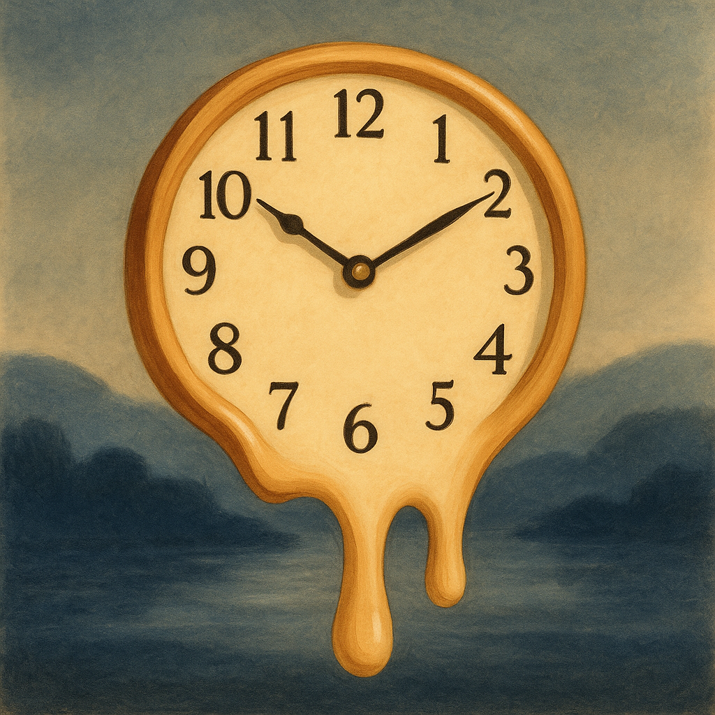 Illustration : horloge molle dans un paysage brumeux. Métaphore du time blindness.