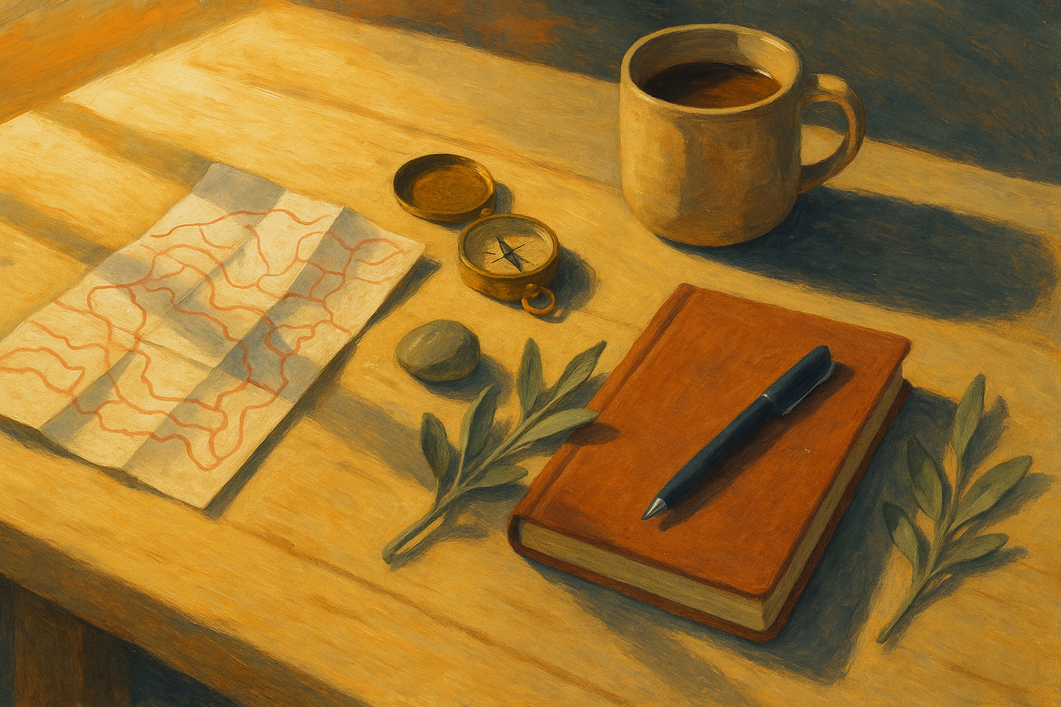 Illustration éditoriale : établi en bois avec carte, compas, journal, plante sage, en lumière matin chaude. Métaphore d'une boîte à outils humble.